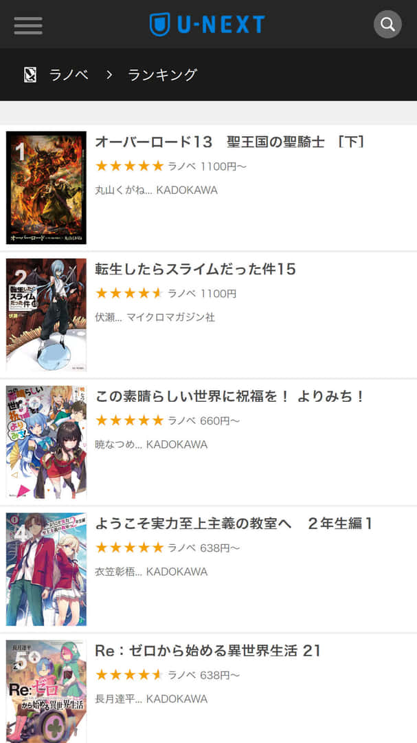 U-NEXTのラノベ